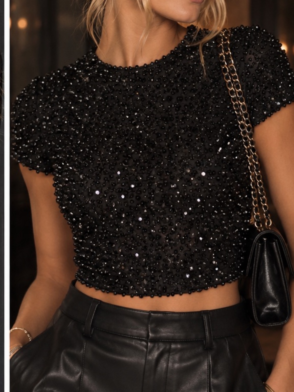 Sherri Hill Black Beaded Crop Top with Open Back